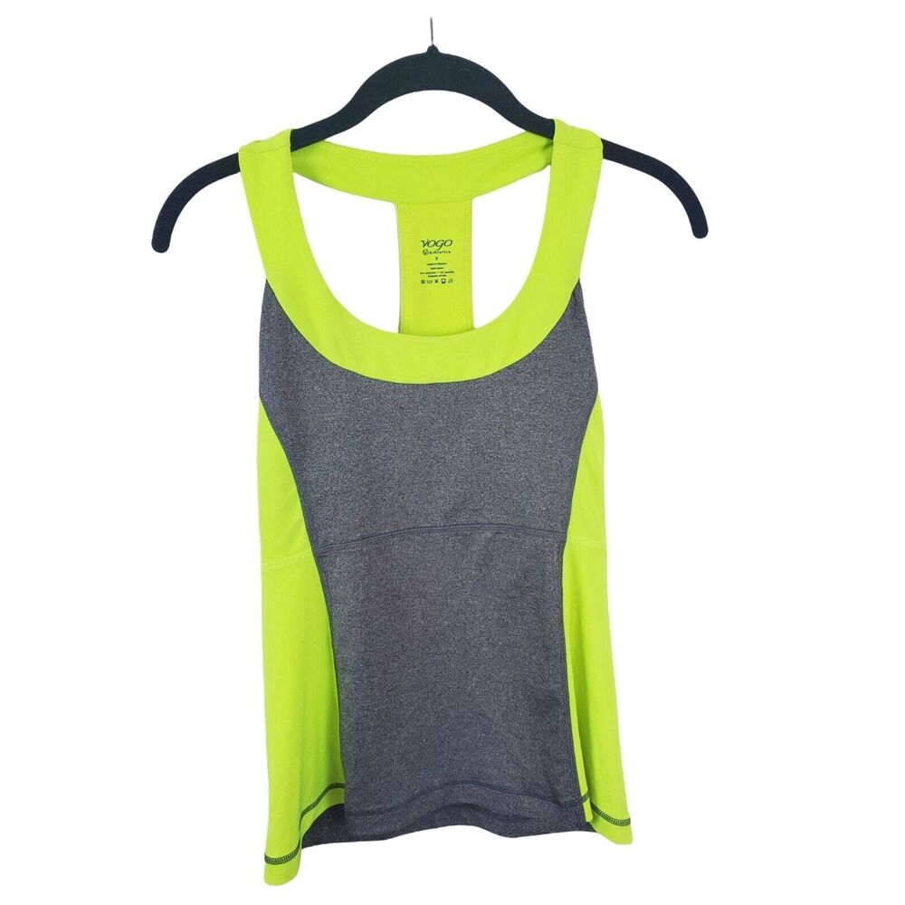 Vogo Athletics Athletic Tank Top Womens Small Built In Bra Grey Yellow Sleeveles